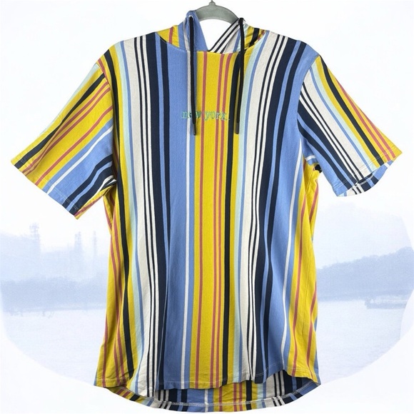 For the People 90s Vertical Striped Short Sleeve Hoodie Colorful New York L - Picture 1 of 8